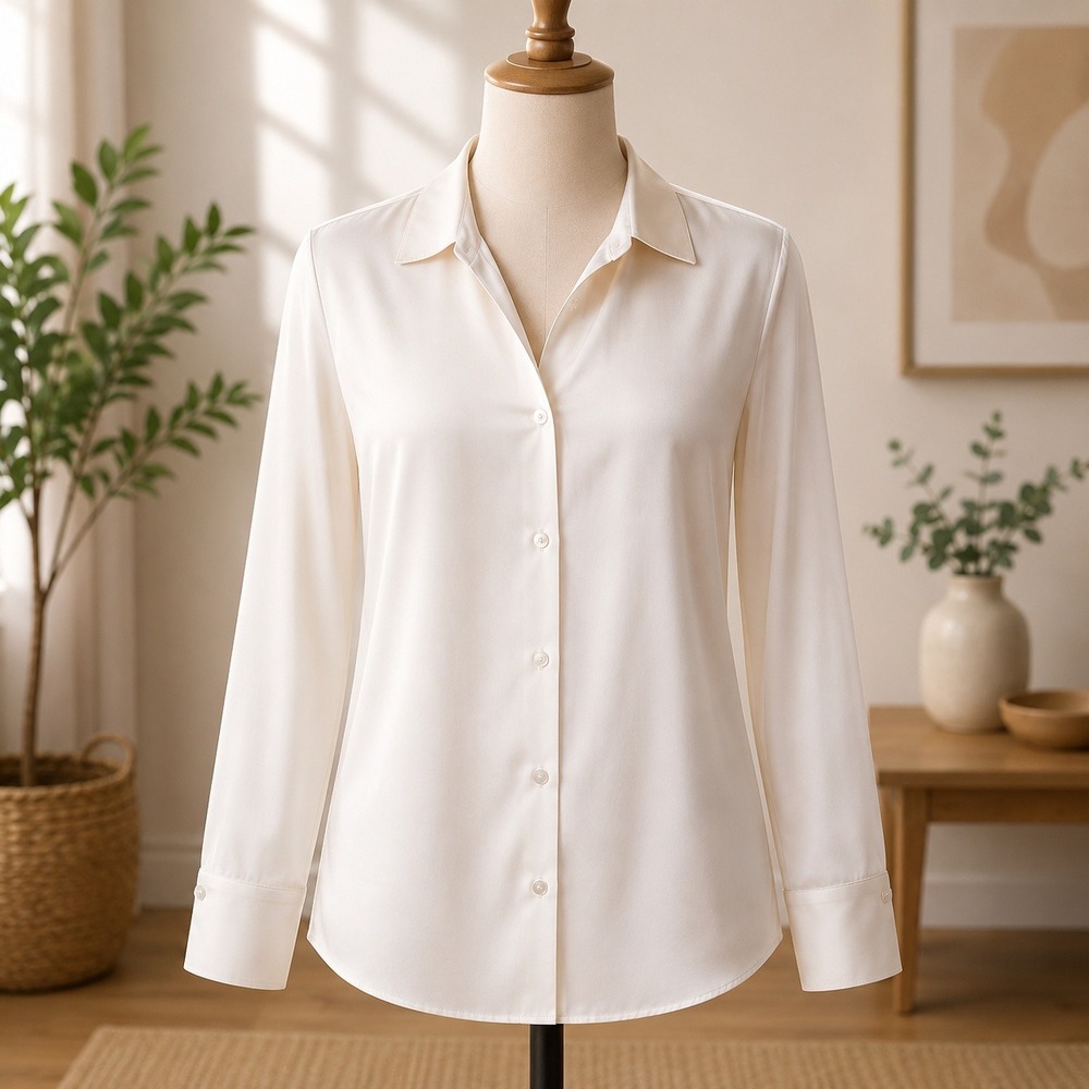 Beautiful by Lawrence Zarian Button Up Blouse Womens XXS Cream Satin Long Sleeve